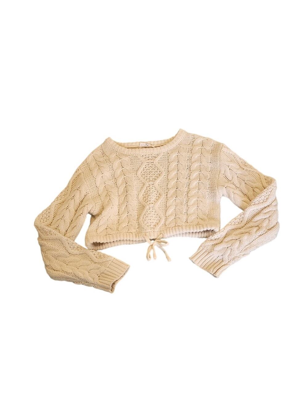 Double Zero Cream Cable Knit Cropped Sweater Tie Hem Long Sleeve Boho